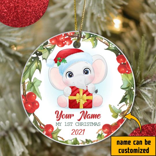 My First Christmas Baby Girl Elephant Personalized Family Ceramic Circle Ornament