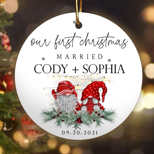 Our First Christmas Maried Personalized Couple Ceramic Circle Custom Ornament