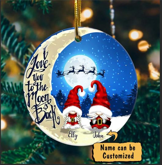 Personalized Christmas Couple I Love You To The Moon Ceramic Circle Ornament