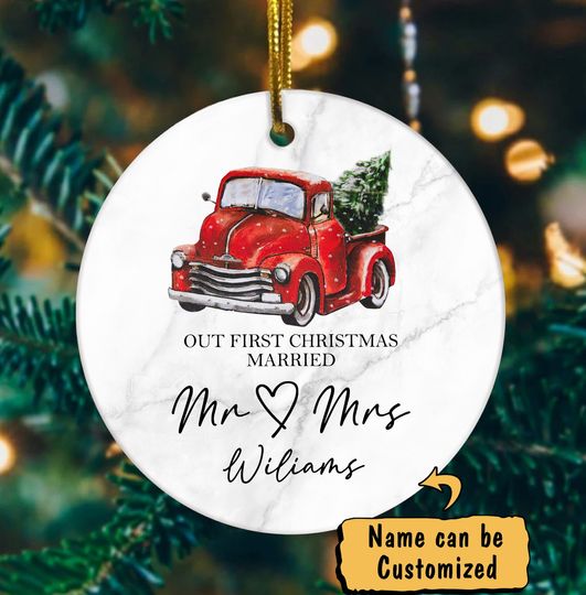 First Christmas Married Red Truck Ceramic Circle Custom Ornament