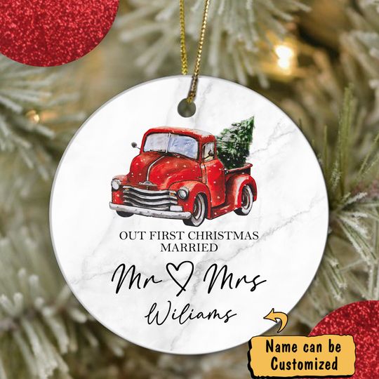 First Christmas Married Red Truck Ceramic Circle Custom Ornament