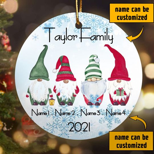 Personalized Family Christmas Gnome Ceramic Circle Custom Ornament