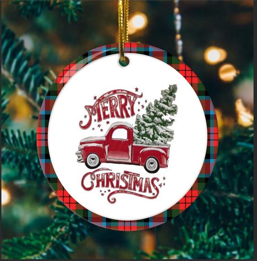 Red Truck Merry Christmas Tree Ceramic Circle Ornament