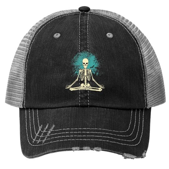 Meditating Skeleton Yoga Halloween Moon Costume Trucker Hat