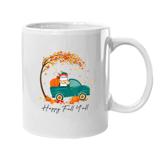 Happy Fall Y'all Pumpkin Pickup Truck Cat Kitty Thanksgiving Coffee Mug