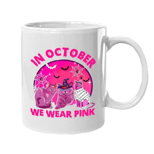 In October We Wear Pink Cat Pumpkin Breast Cancer Halloween Coffee Mug