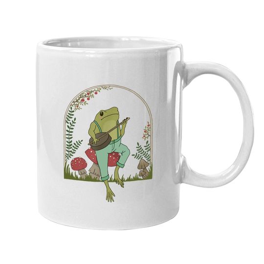 Cottagecore Aesthetic Frog Playing Banjo On Mushroom Coffee Mug