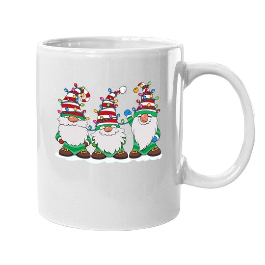 Three Gnomes With Hats Beards Christmas Tree Lights Coffee Mug