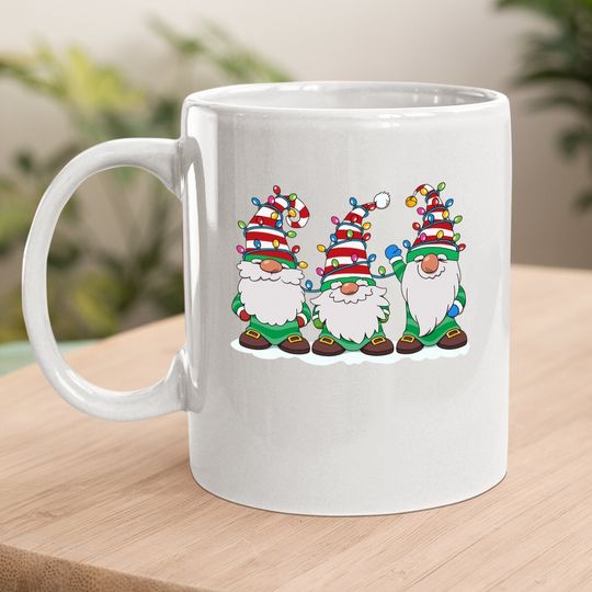 Three Gnomes With Hats Beards Christmas Tree Lights Coffee Mug