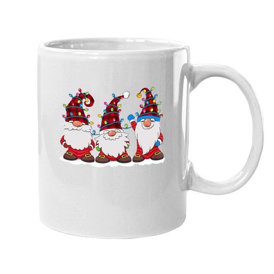 Three Gnomes Red Plaid Hat Gnome Christmas Tree Lights Coffee Mug