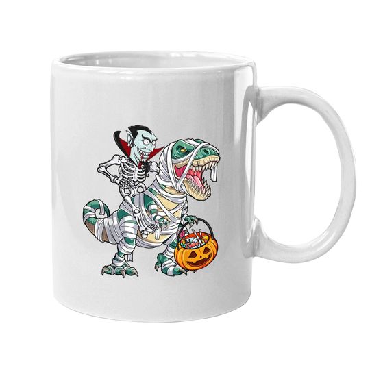 Skeleton Riding Mummy Dinosaur T-rex Halloween Dracula Coffee Mug