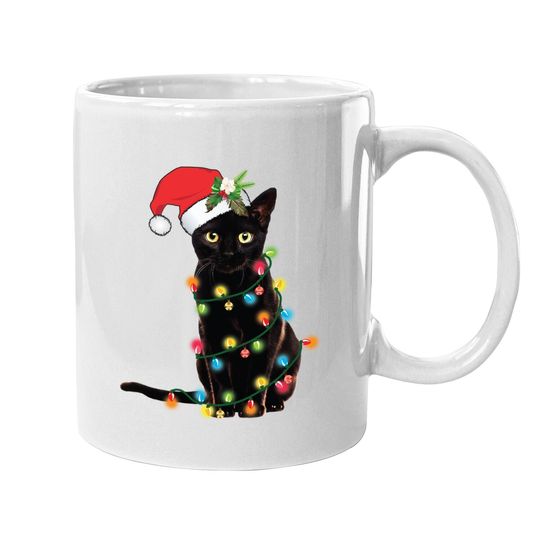 Santa Black Cat Tangled Up In Christmas Tree Lights Holiday Coffee Mug
