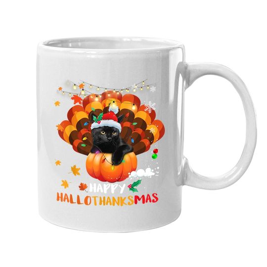 Happy Hallothanksmas Pumpkin Turkey Black Cat Lovers Gifts Coffee Mug