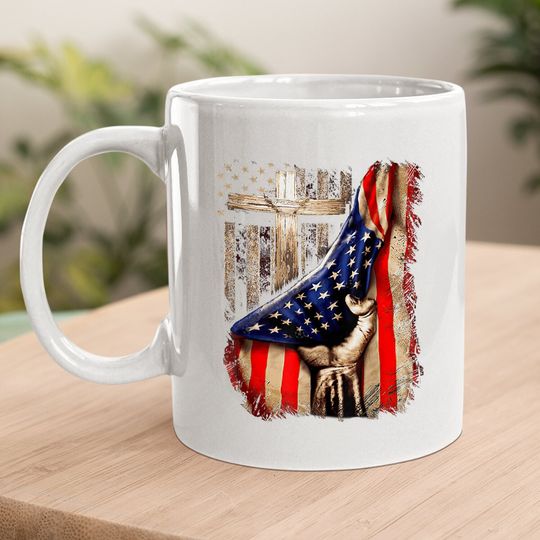 Vintage Faith Over Fear Christian Cross American Flag Coffee.  mug