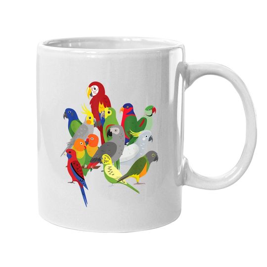 Parrot Flock - Macaw, Cockatoo, African Grey, & Budgie Coffee Mug