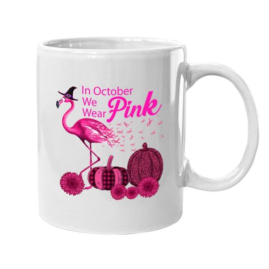 In October We Wear Pink Witch Flamingo Pumpkin Breast Cancer Premium Coffee Mug