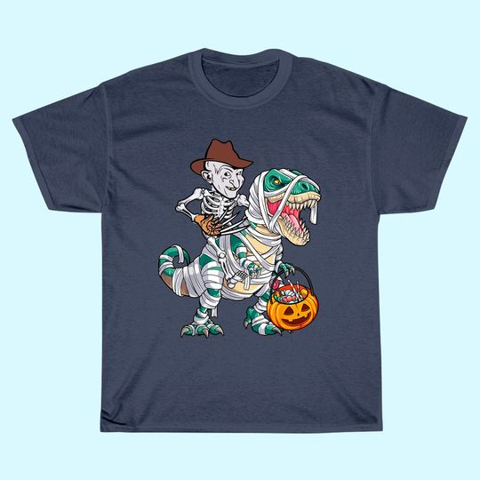 Skeleton Riding Mummy Dinosaur T-rex Halloween Freddy Krueger T-Shirt