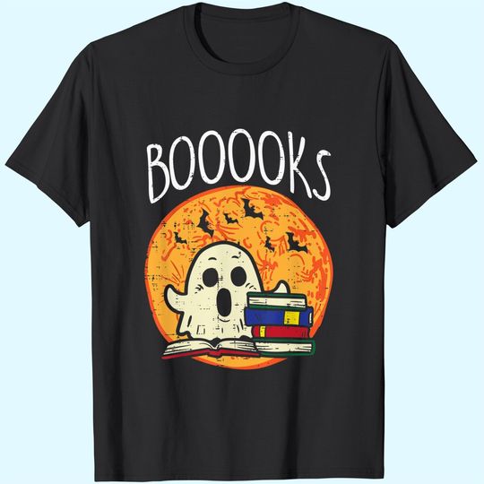 Boooks Moon Ghost Halloween Bookworm Librarian Teacher Book T-Shirt