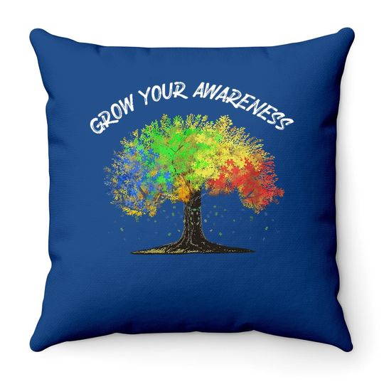 Autism Awareness Rainbow Tree Grow Your Awareness Hand Drawn Throw Pillow