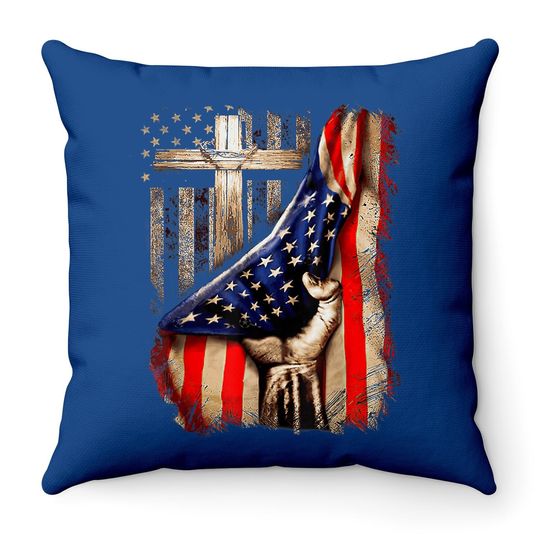 Vintage Faith Over Fear Christian Cross American Flag Throw Pillow