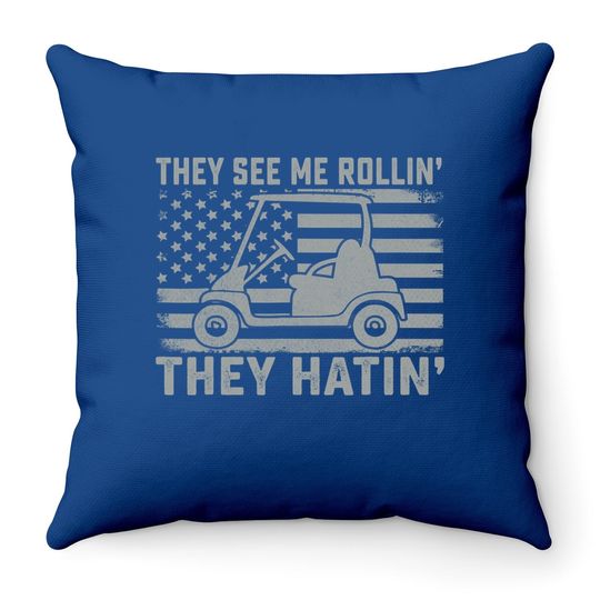 Funny Golfer Dad Husband Us Flag They See Me Rolling Throw Pillow