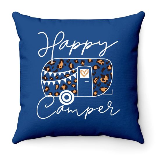 Leopard Truck Happy Camper Throw Pillow For Funny Animal Graphic Mountain Camping Throw Pillow Summer Casual Hiking Trip Throw Pillow
