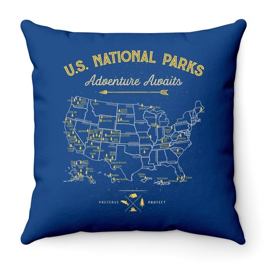 62 National Parks Map Gifts Us Park Vintage Camping Hiking Throw Pillow