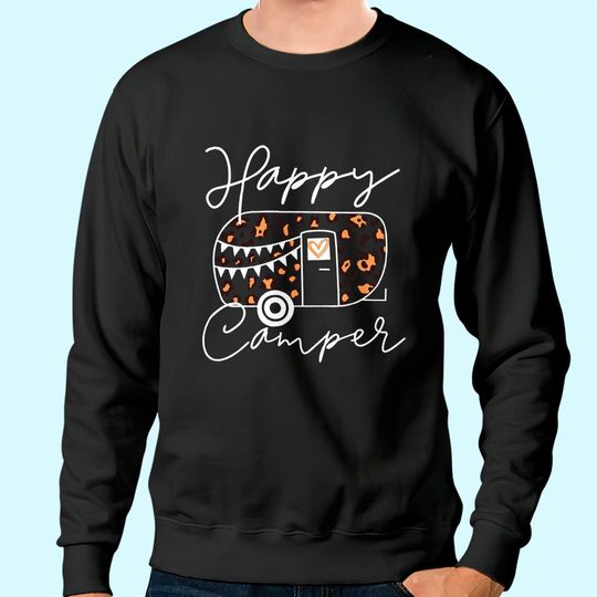 Leopard Truck Happy Camper Sweatshirt for Women Funny Animal Graphic Mountain Camping Sweatshirt Summer Casual Hiking Trip Tee