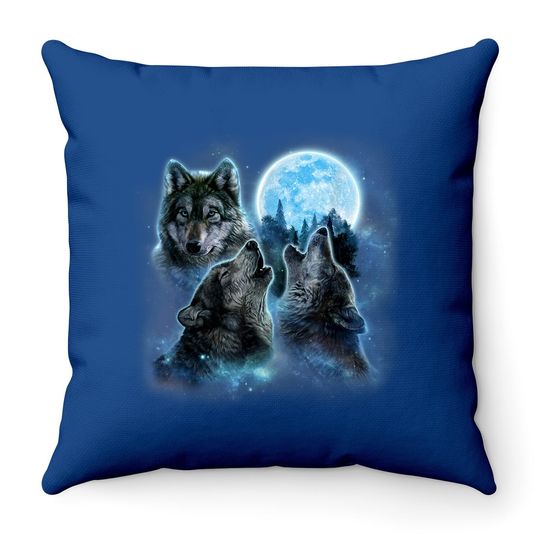 Three Wolves Howling Under Icy Full Moon Throw Pillow