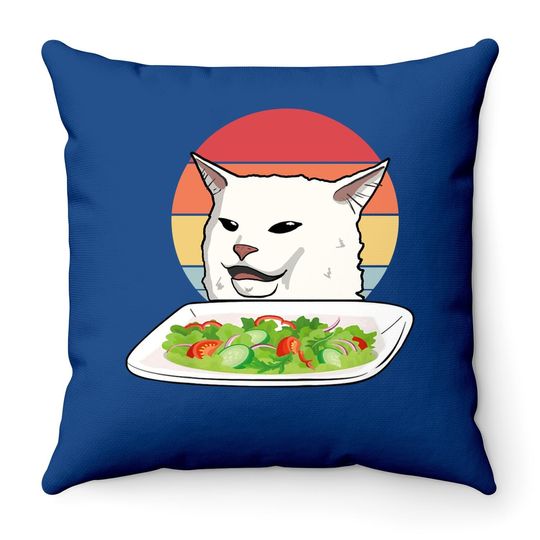 Angry Yelling At Confused Cat At Dinner Table Meme Throw Pillow