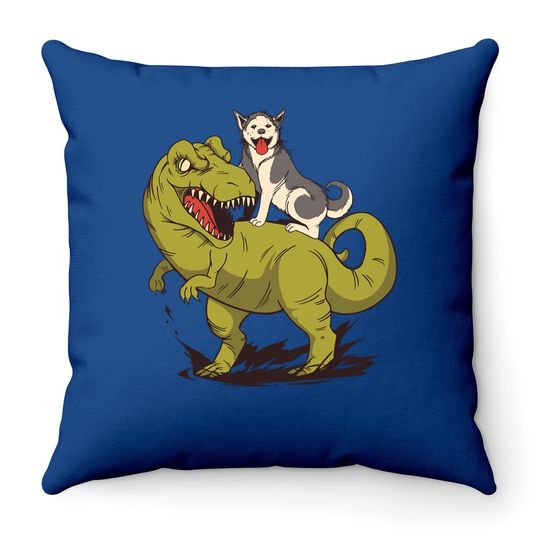 Siberian Husky Dog Riding Dinosaur Throw Pillow