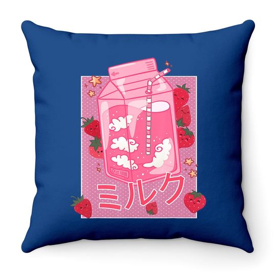 Retro 90s Strawberry Milk Shake - Japanese Kawaii Milk Throw Pillow