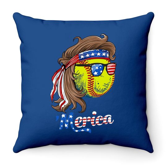 Softball Mullet American Flag Merica Fathers Day Throw Pillow