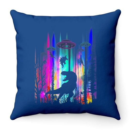 Alien Ufo T Rex Abduction Colorful Forest Throw Pillow