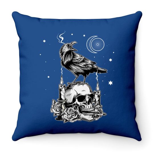 Black Crow Raven Skull Tarot Card Occult Aesthetic Gothic Throw Pillow