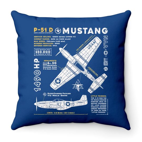 P-51 Mustang North American Aviation Vintage Fighter Planet Throw Pillow