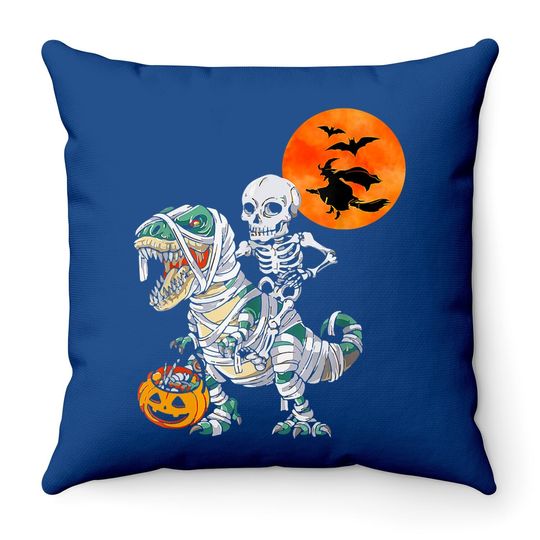 Skeleton Riding T Rex Dinosaur Mummy, Pumpkin Halloween Throw Pillow