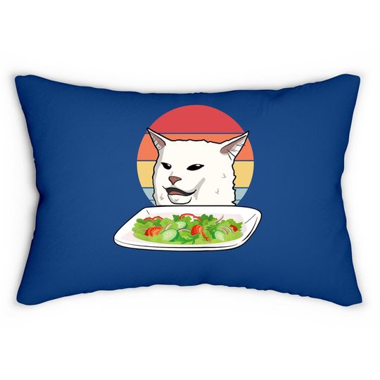 Angry Yelling At Confused Cat At Dinner Table Meme Lumbar Pillow
