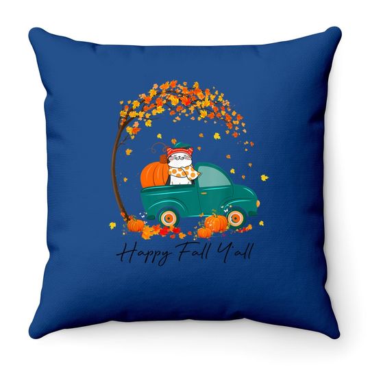 Happy Fall Y'all Pumpkin Pickup Truck Cat Kitty Thanksgiving Throw Pillow