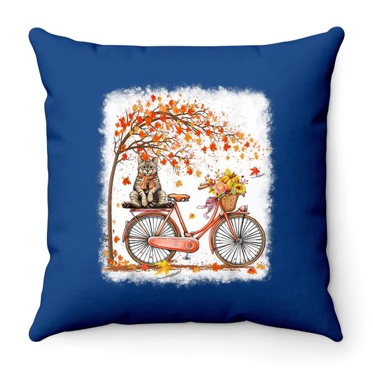 Retro Bicycle Cat Autumn Leaves Fall Thanksgiving Throw Pillow