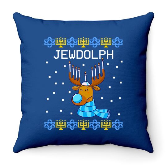 Jewdolph Ugly Hanukkah Sweater Reindeer Menorah Chanukah Throw Pillow