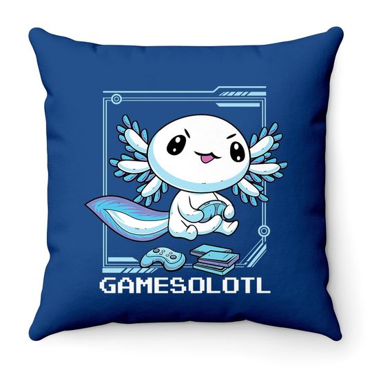 Gamesolotl Gamer Axolotl Fish Playing Video Games Lizard Throw Pillow