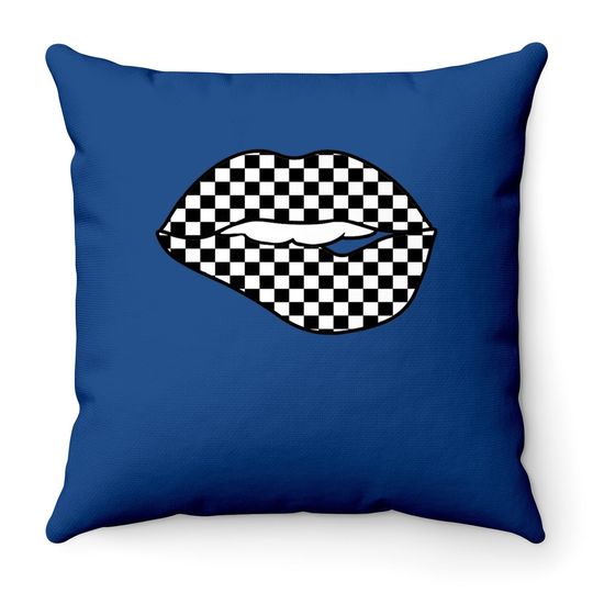 Checkered Black White Lip Gift Checkerboard Throw Pillow