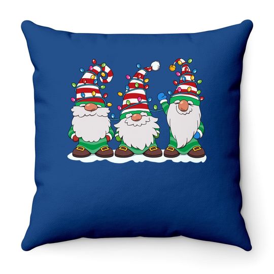 Three Gnomes With Hats Beards Christmas Tree Lights Throw Pillow