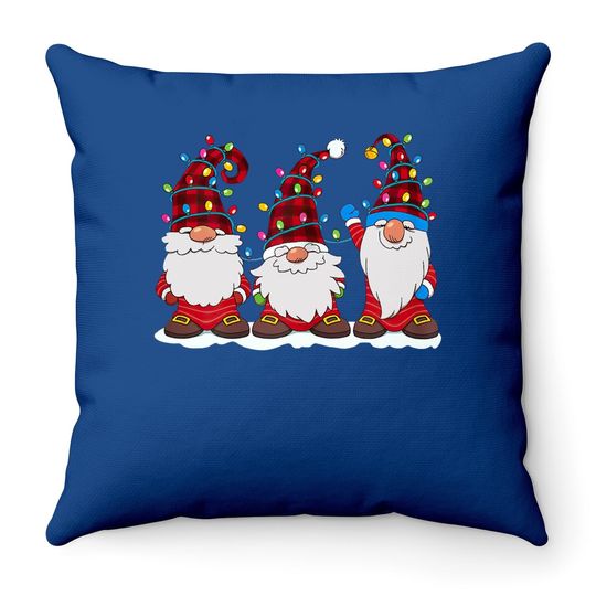 Three Gnomes Red Plaid Hat Gnome Christmas Tree Lights Throw Pillow