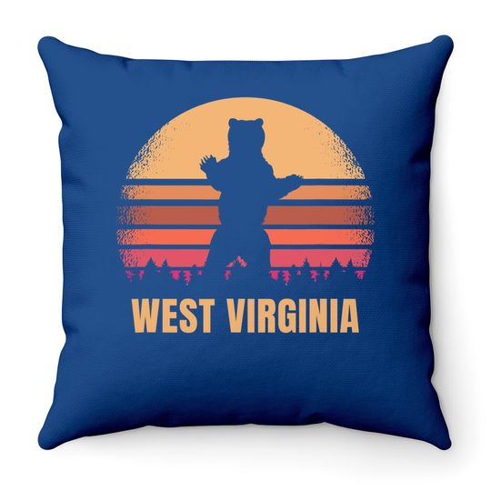 West Virginia Vintage Bear Distressed Retro 80s Sunset Throw Pillow