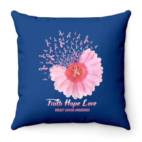 Faith Hope Love Ribbon Daisy Flower Breast Cancer Awareness Throw Pillow