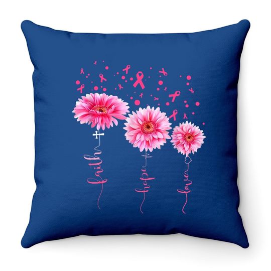 Faith Hope Love Pink Daisy Flower Breast Cancer Awareness Throw Pillow