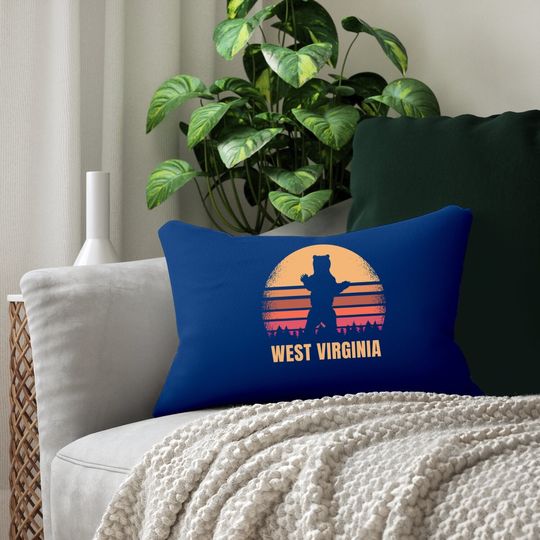 West Virginia Vintage Bear Distressed Retro 80s Sunset Lumbar Pillow