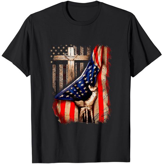 Vintage Mens Faith Over Fear Christian Cross American Flag T-Shirt